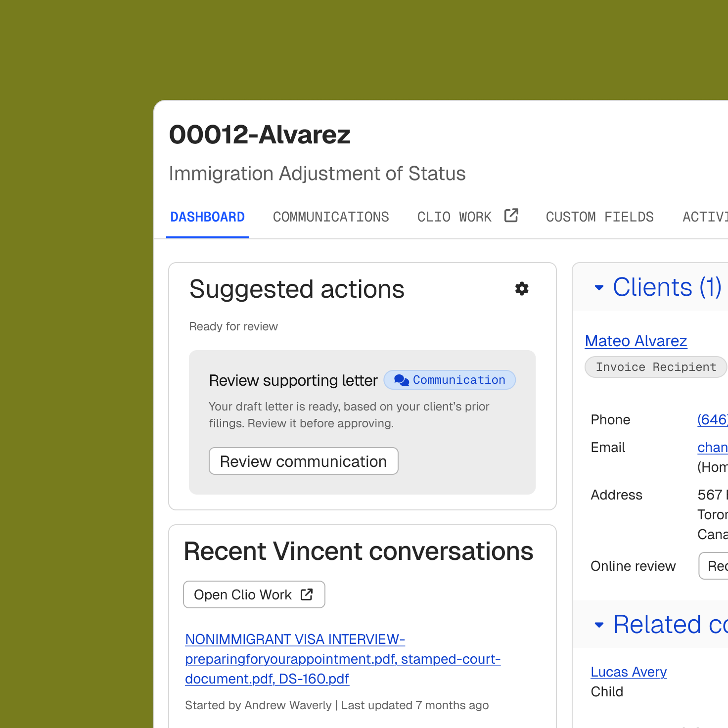 Software dashboard for "00012-Alvarez Immigration Adjustment of Status" case, displaying suggested actions, client details, and recent conversations.