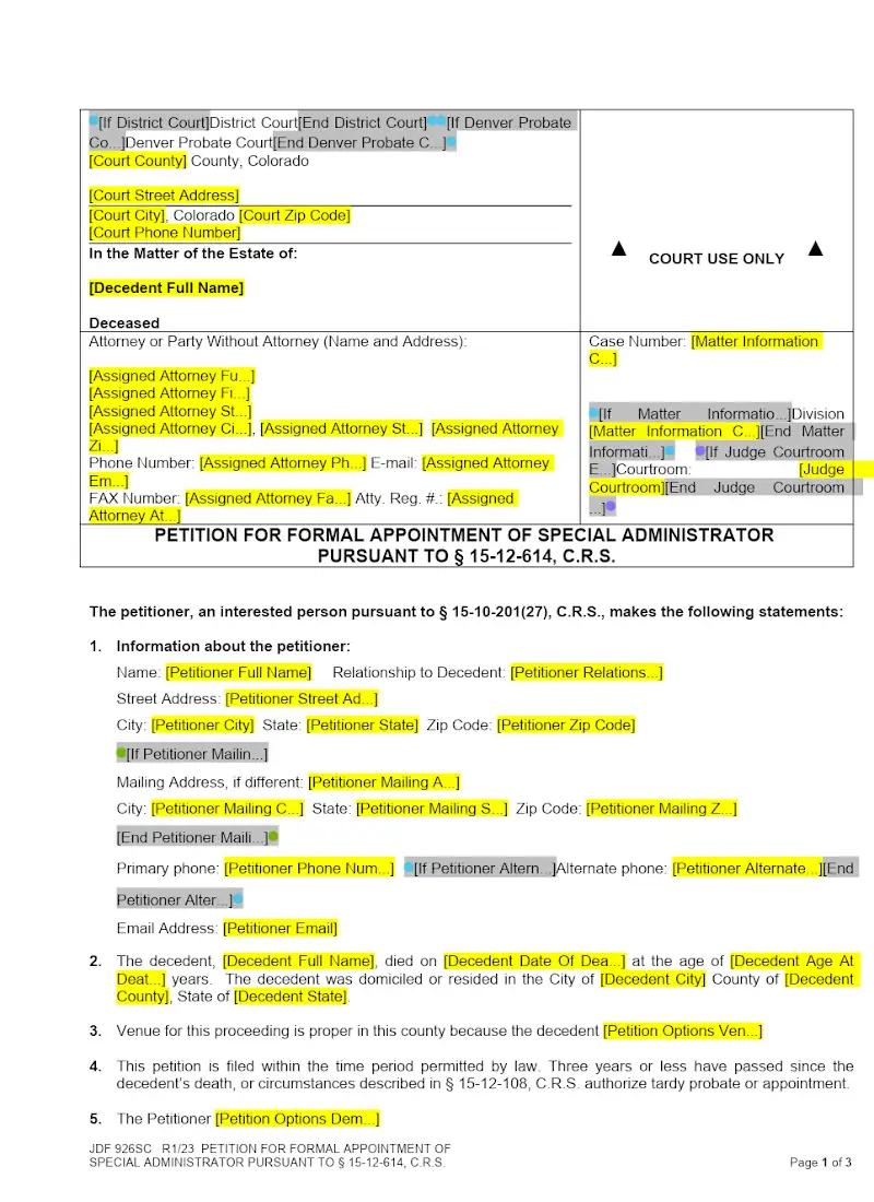 Petition for Formal Appointment of Special Admin (JDF 926)