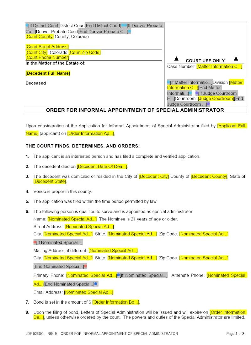 Order for Informal Appointment of Special Admin (JDF 925)