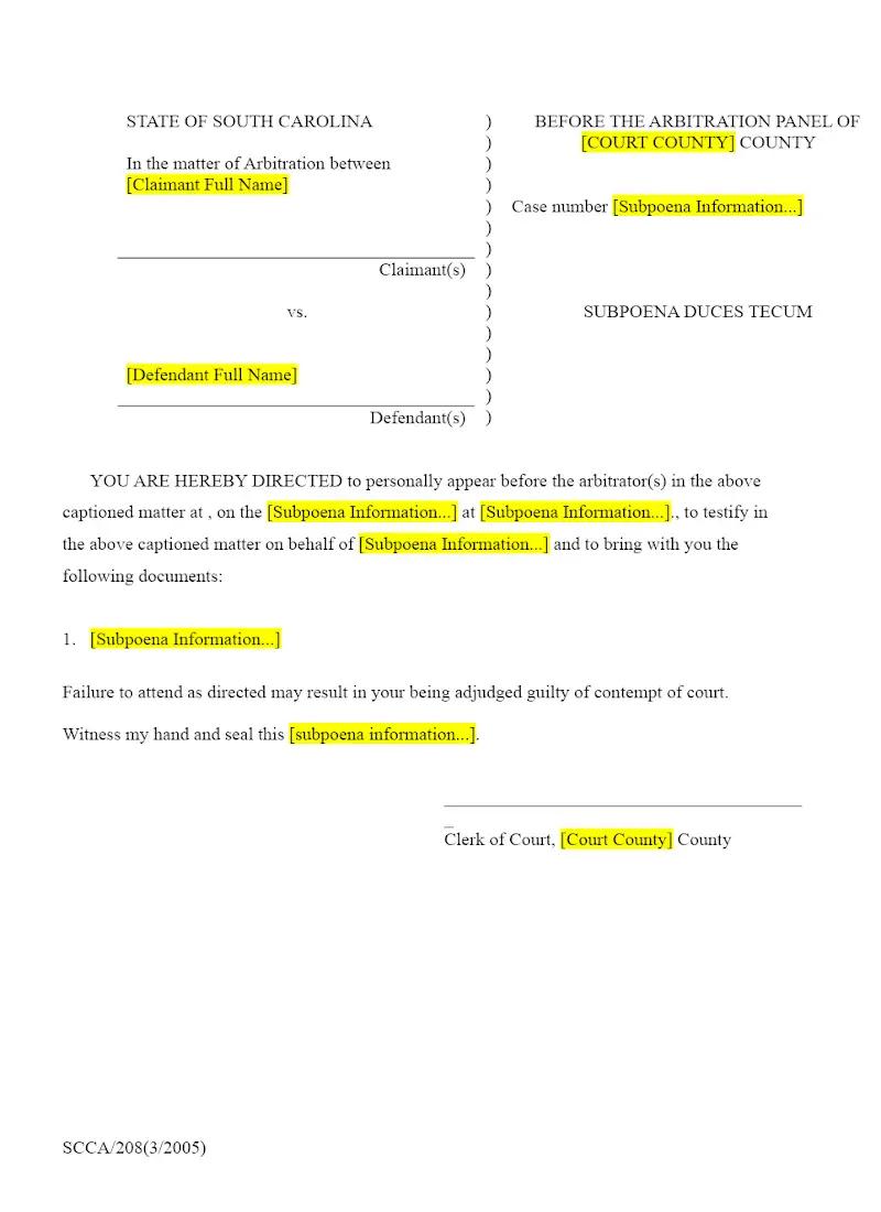 Subpoena (SCCA 208)