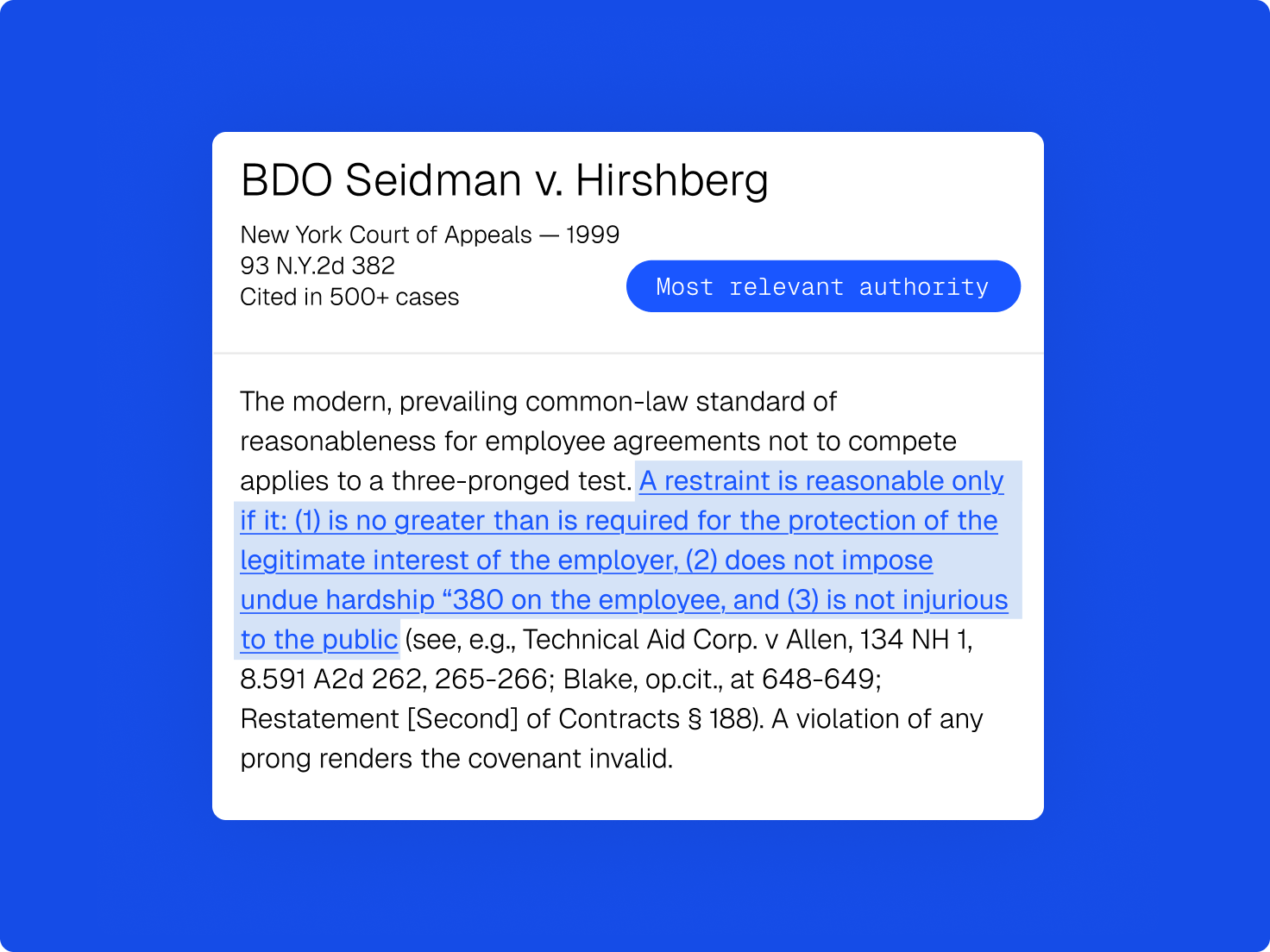 Case summary card for BDO Seidman v. Hirshberg, highlighting a three-part test for non-compete agreements