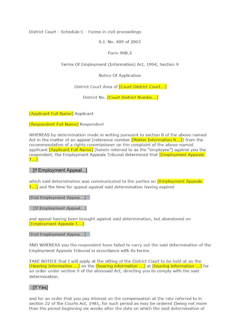 Notice of Application - Terms of Employment Information Act (99B.3)