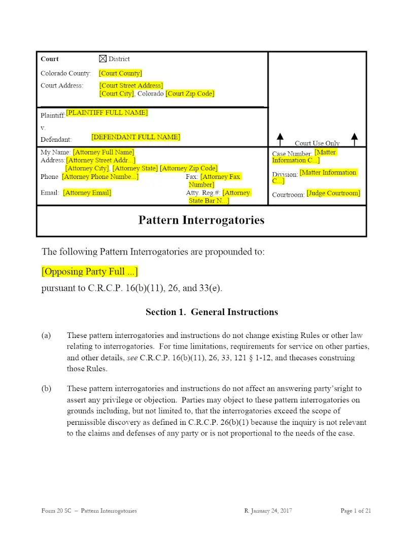 Pattern Interrogatories (Form 20 SC)