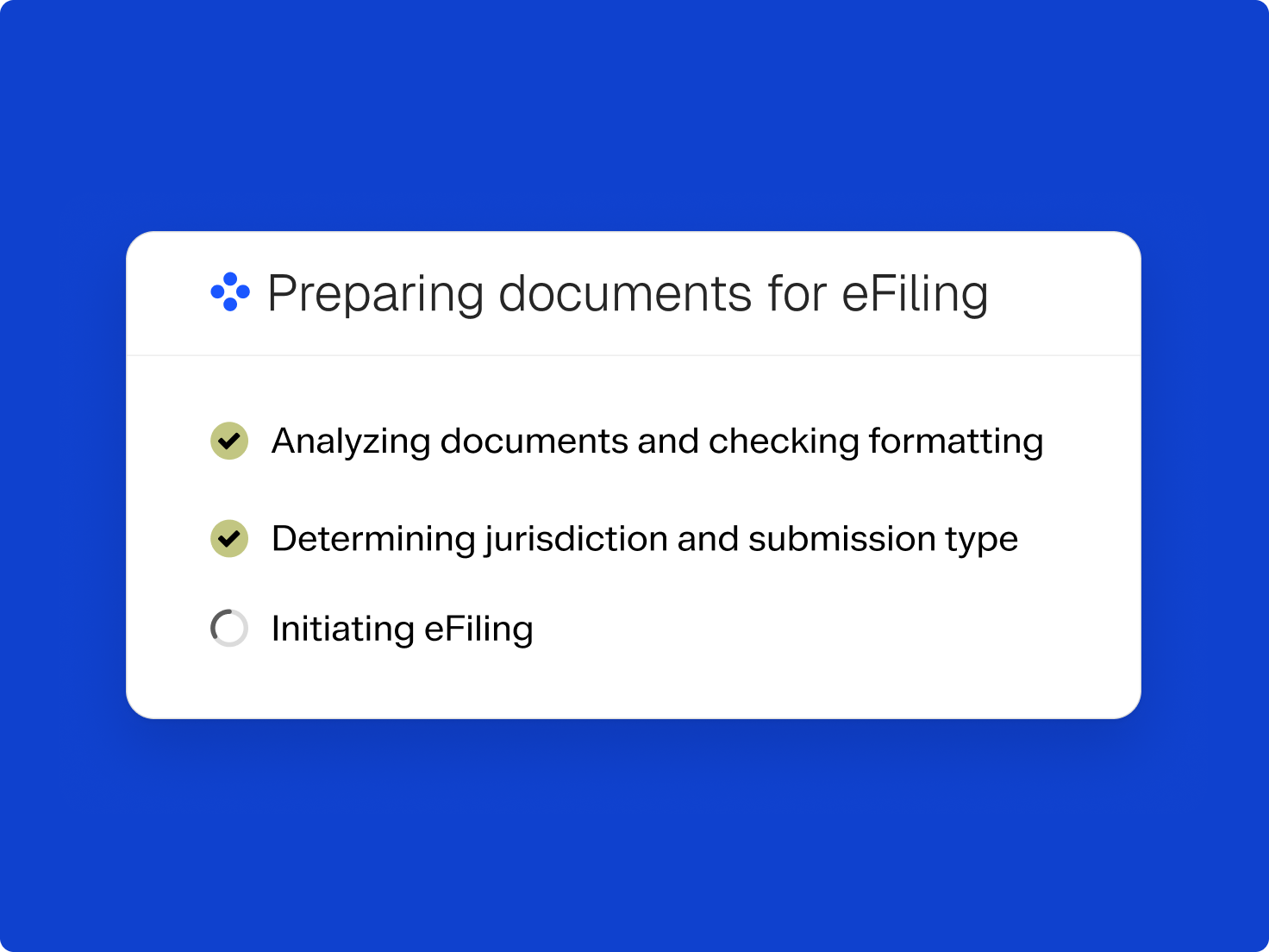 Progress card titled 'Preparing documents for eFiling': Analyzing documents and Determining jurisdiction are checked, Initiating eFiling is unchecked.
