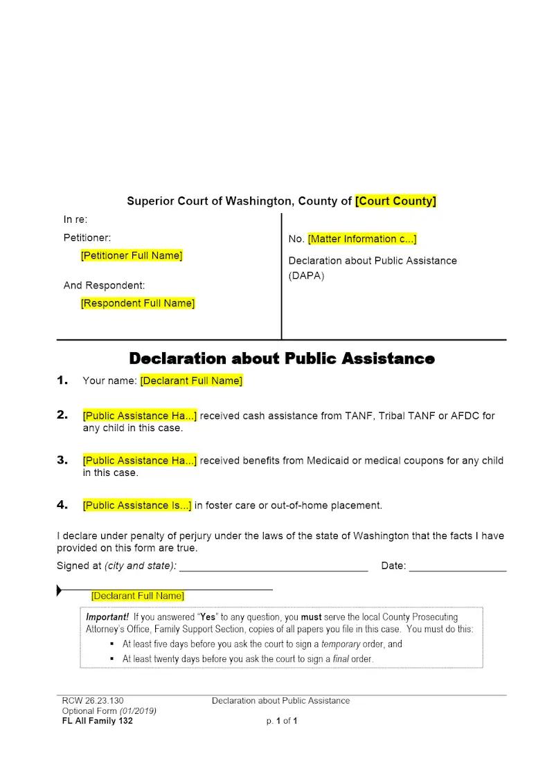 Declaration About Family Assistance (Form FAM 132)