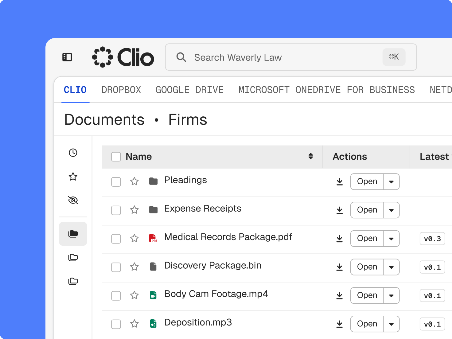 Clio legal document management interface displaying files such as pleadings, medical records, and body cam footage.