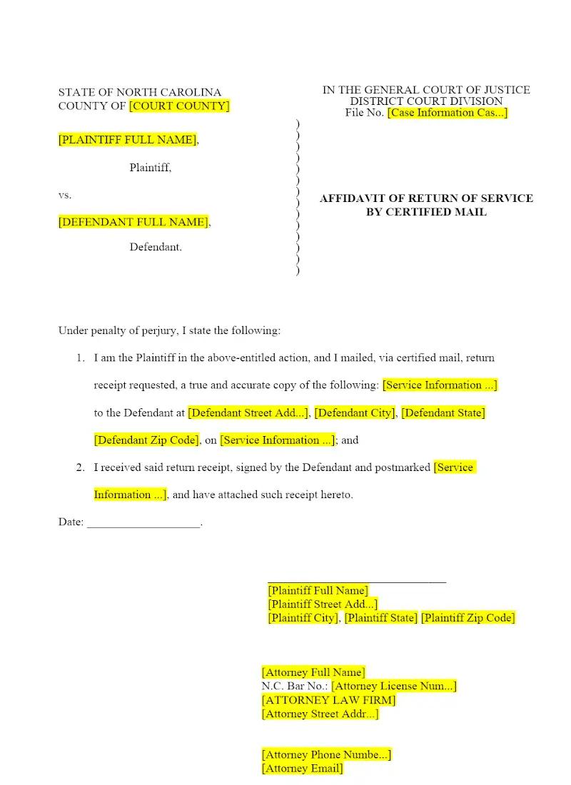 Affidavit of Return of Service by Certified Mail