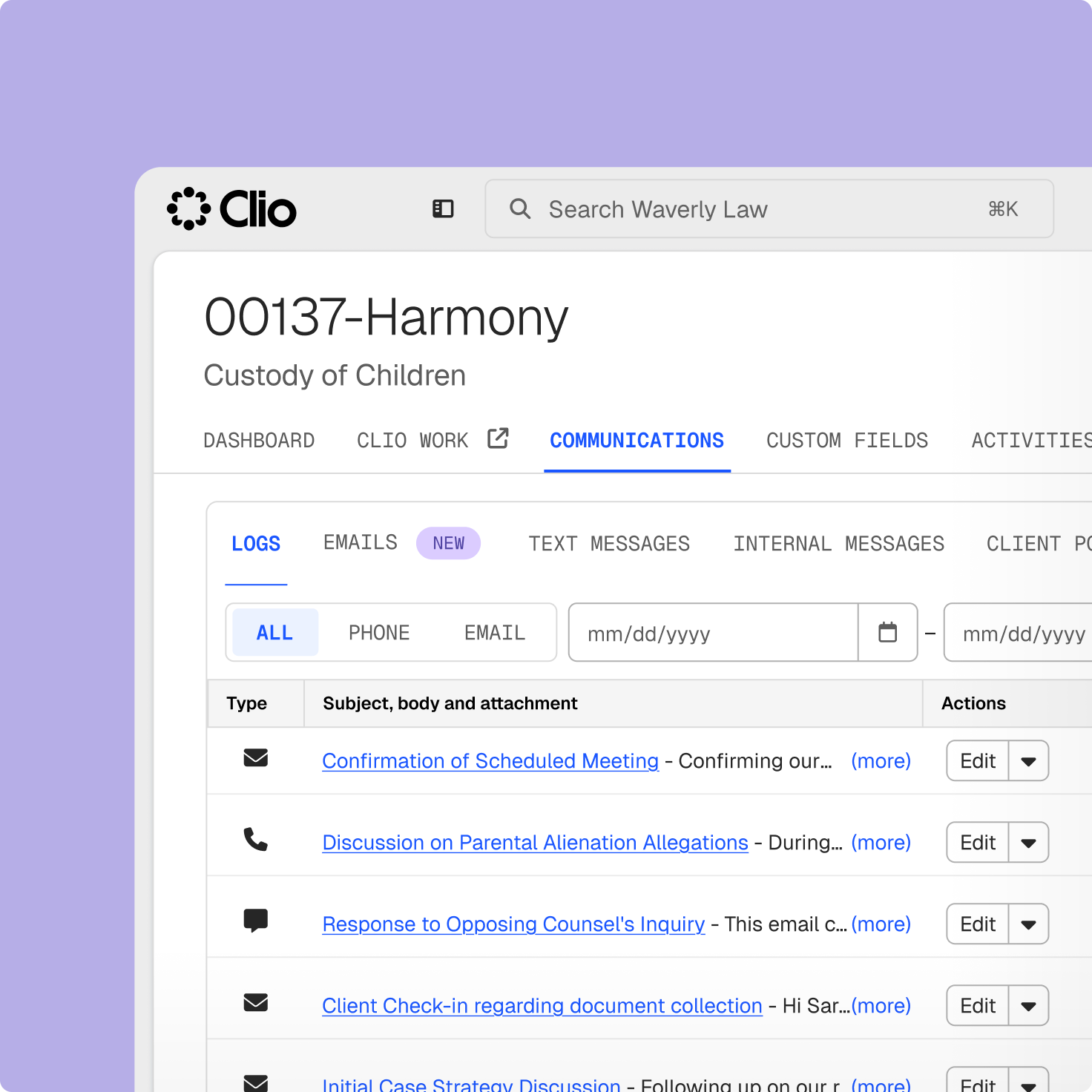 Clio legal software interface displaying the "Communications" tab for case "00137-Harmony, Custody of Children," with a log of various communications including emails and phone calls.