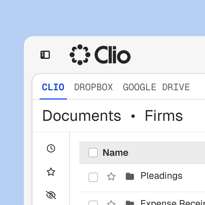 Clio document management interface with tabs for Clio, Dropbox, and Google Drive.
