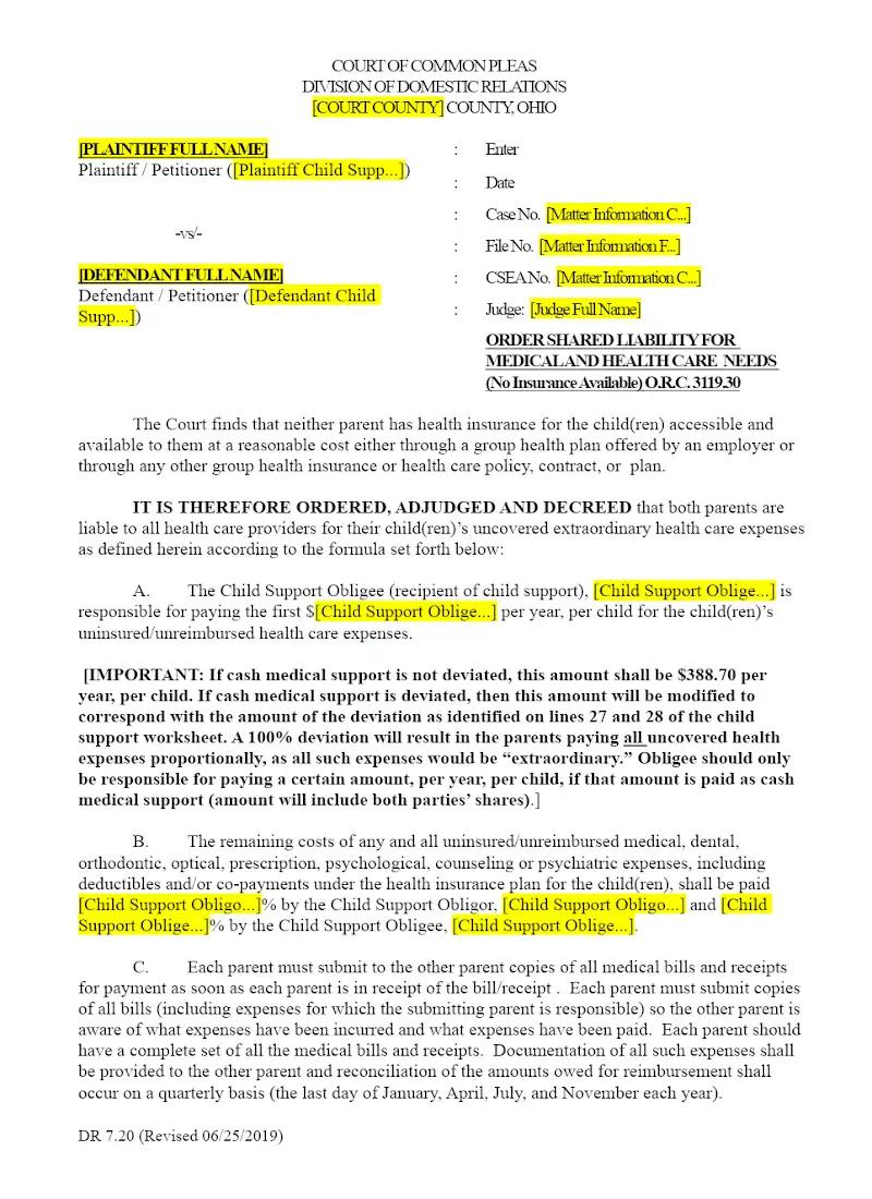 Order for Shared Liability, Healthcare (DR 7.20)