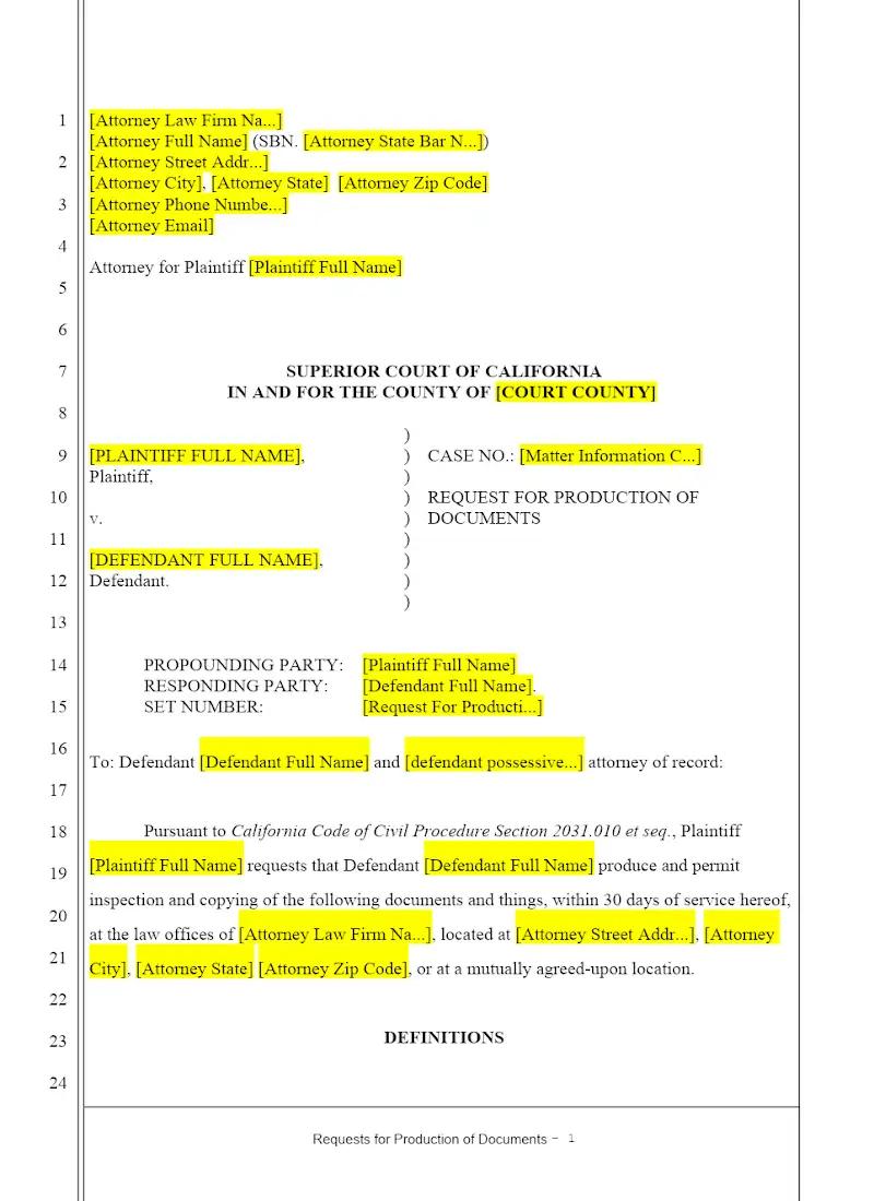 Plaintiff's Requests for Production - Personal Injury