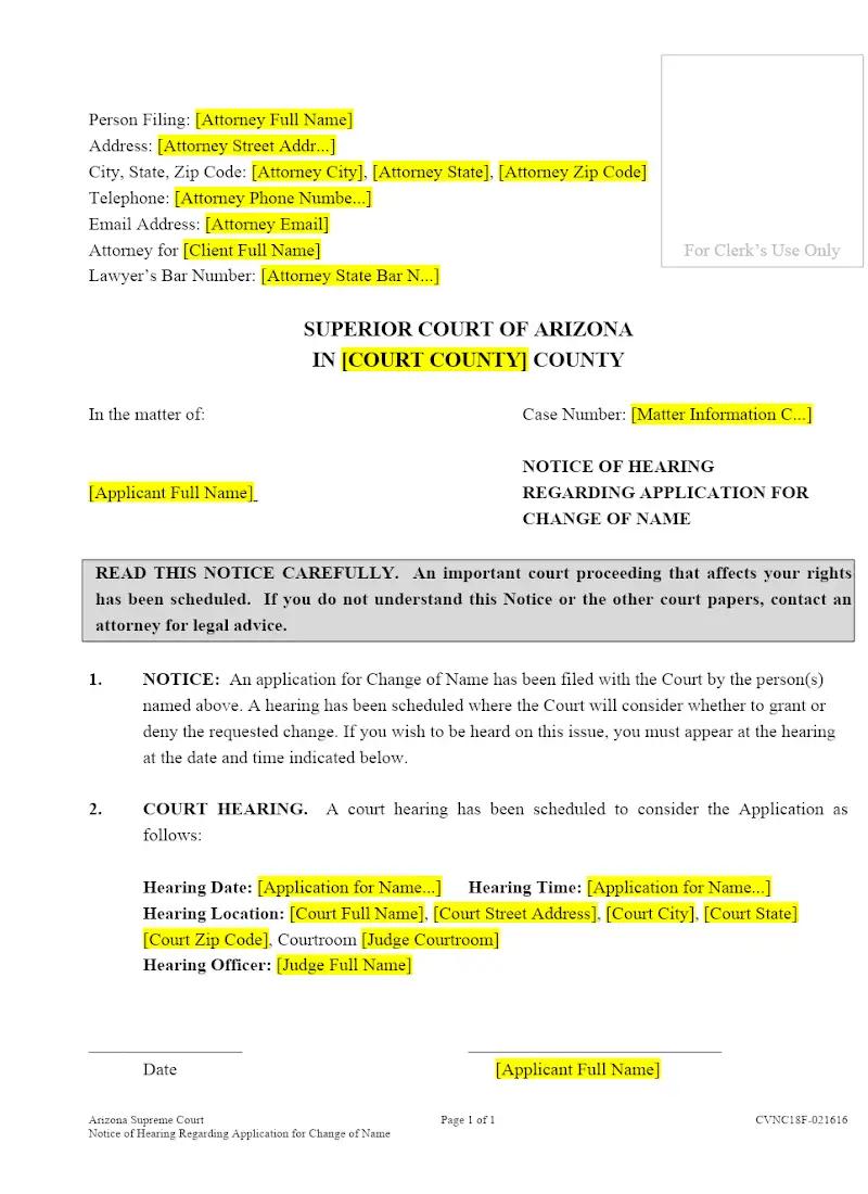 Notice of Hearing Regarding Application for Change of Name (Form CVNC18F)