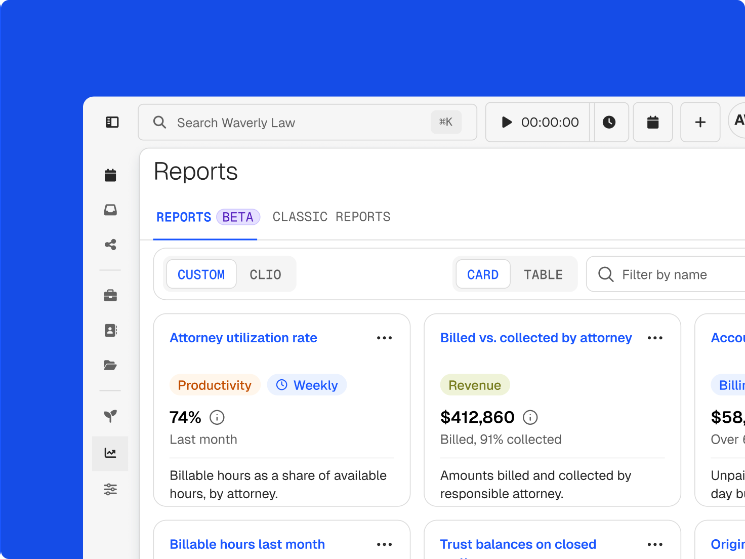 Software interface showing a "Reports" section with cards for metrics like attorney utilization (74%) and billed vs. collected revenue ($412,860, 91% collected).