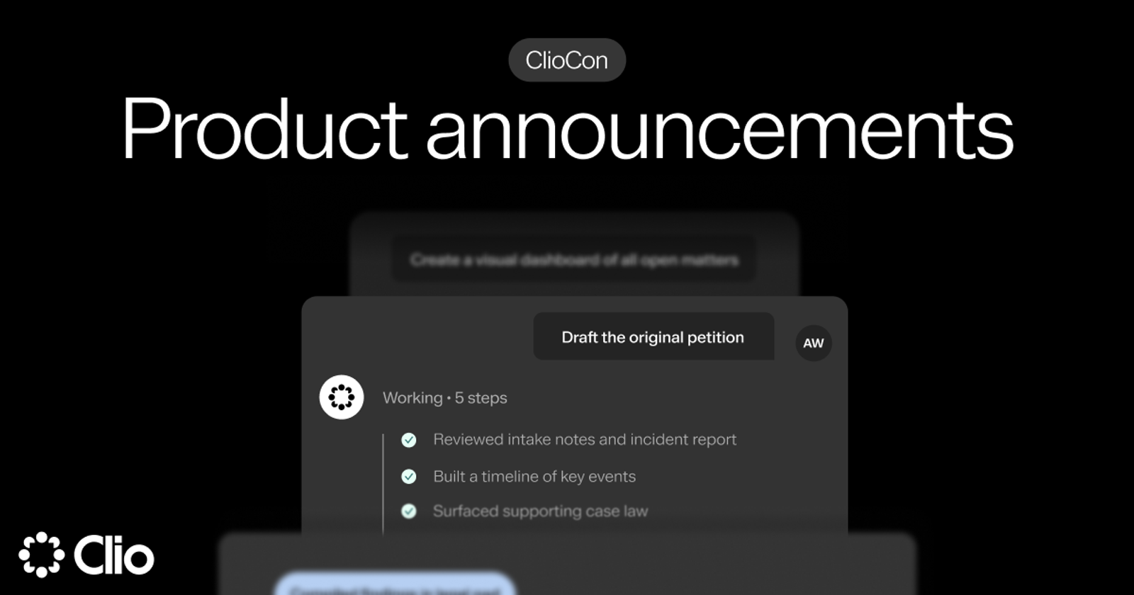 ClioCon product announcements screen showing a UI workflow card for drafting a petition with completed steps.