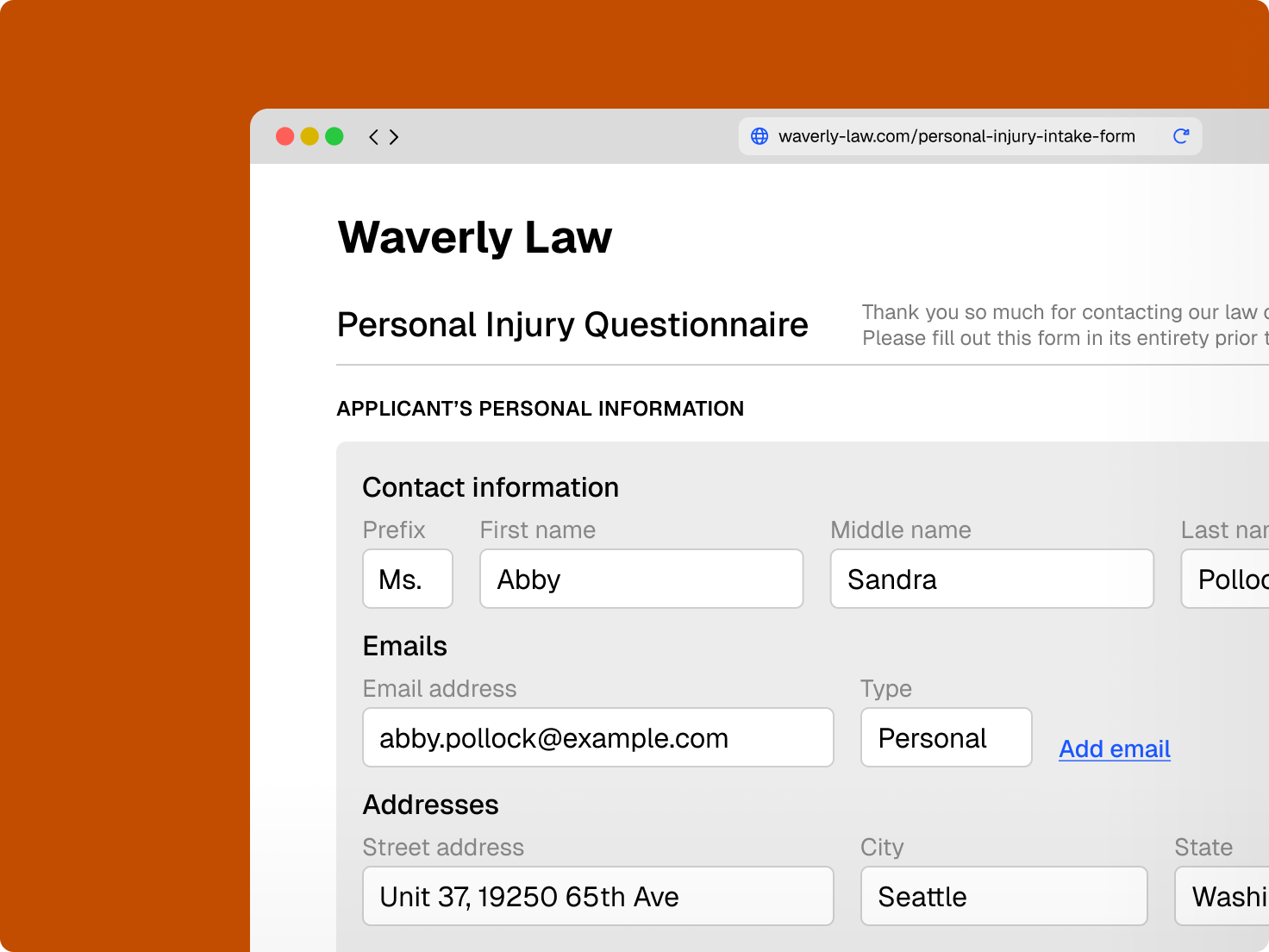 Waverly Law personal injury questionnaire form, partially filled with example contact details, displayed in a web browser.