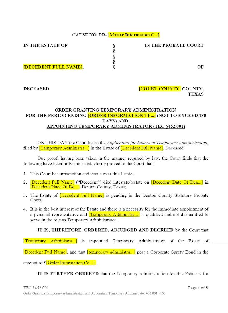 Order Granting Temporary Admin (TEC 452.001)