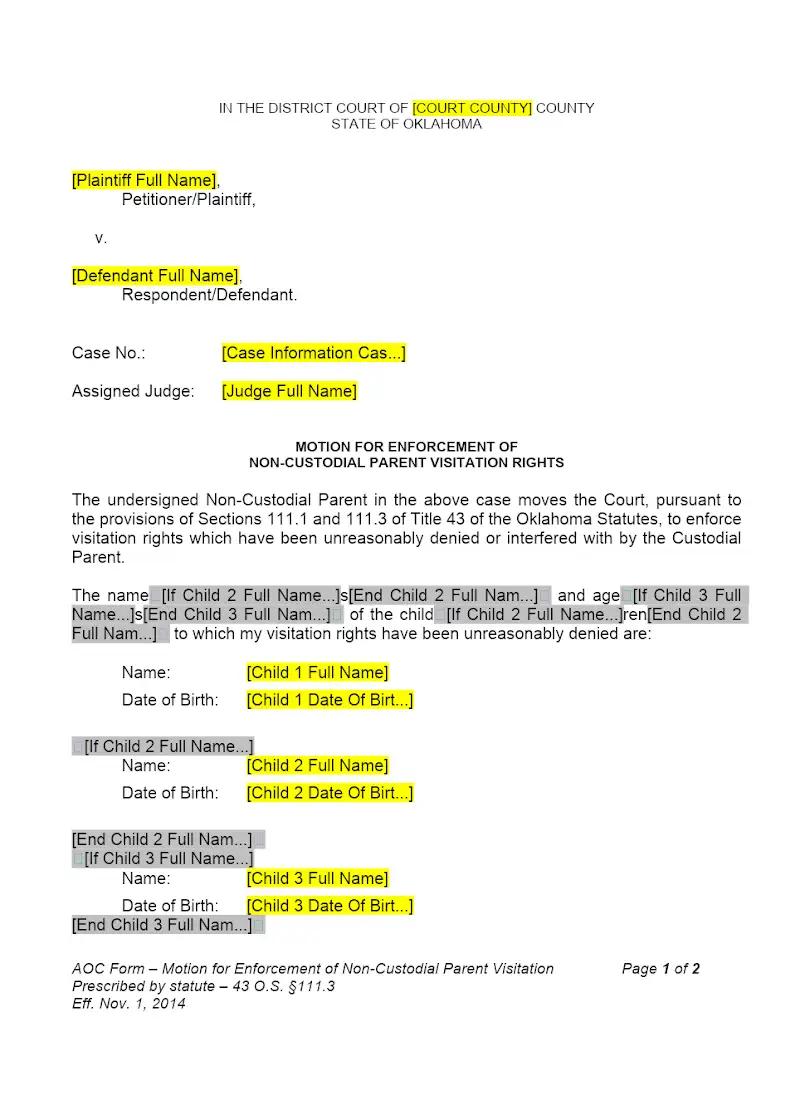 Motion for Enforcement of Non-Custodial Parent Visitation Rights