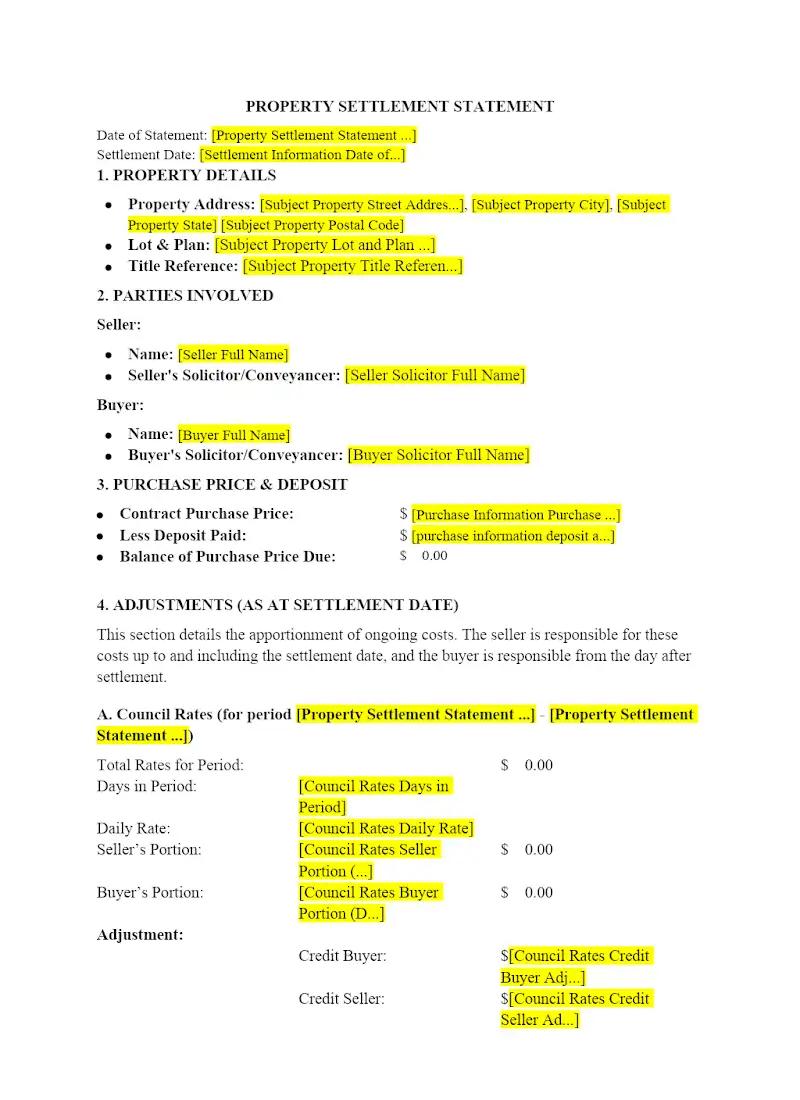 Property Settlement Statement