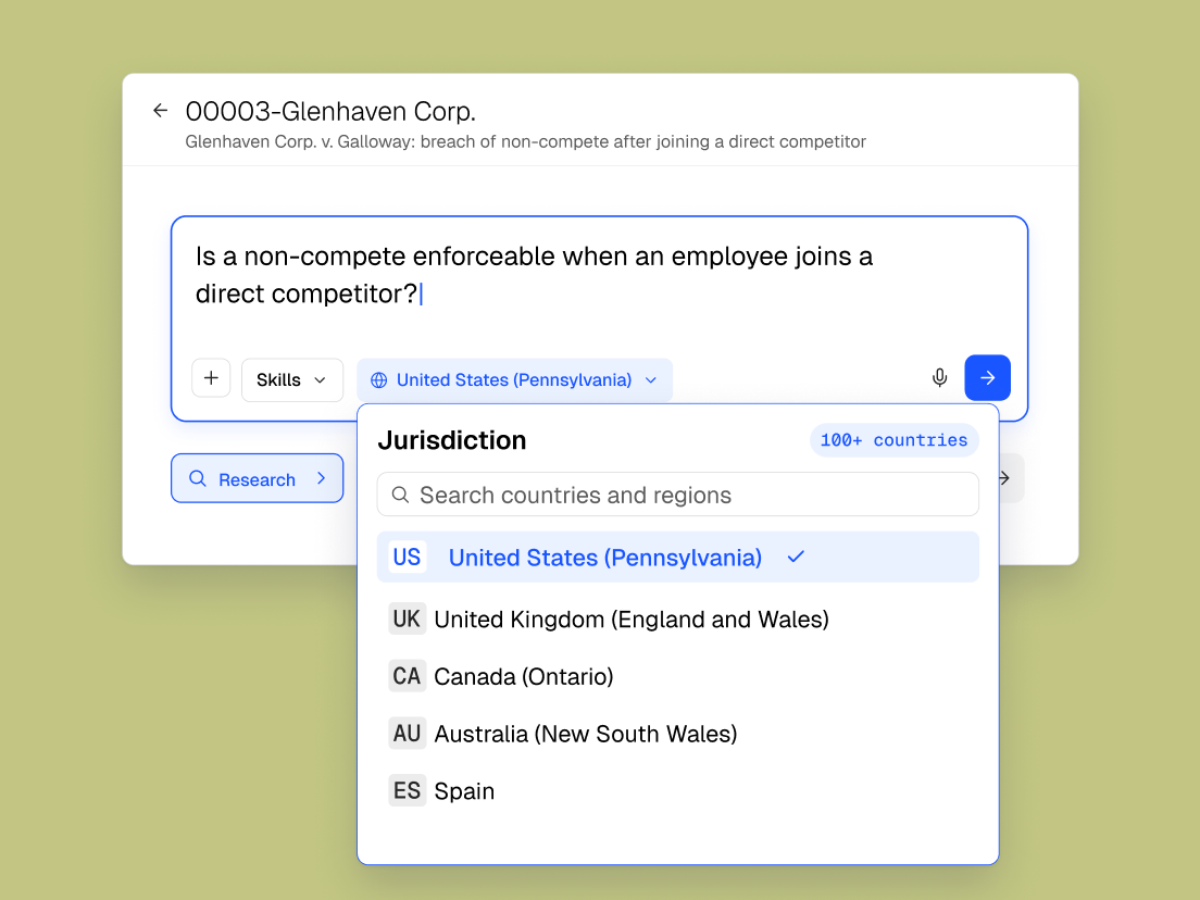 Vincent with a question about non-compete enforceability and a jurisdiction menu listing the United States, United Kingdom, Canada, Australia and Spain.