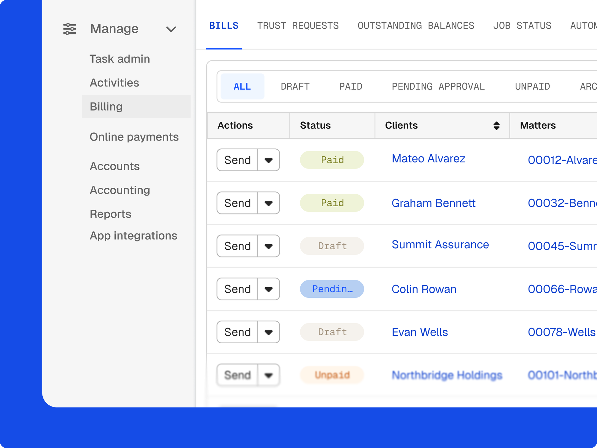 Screenshot of a billing management interface showing a list of bills with statuses like paid, draft, pending, and unpaid.