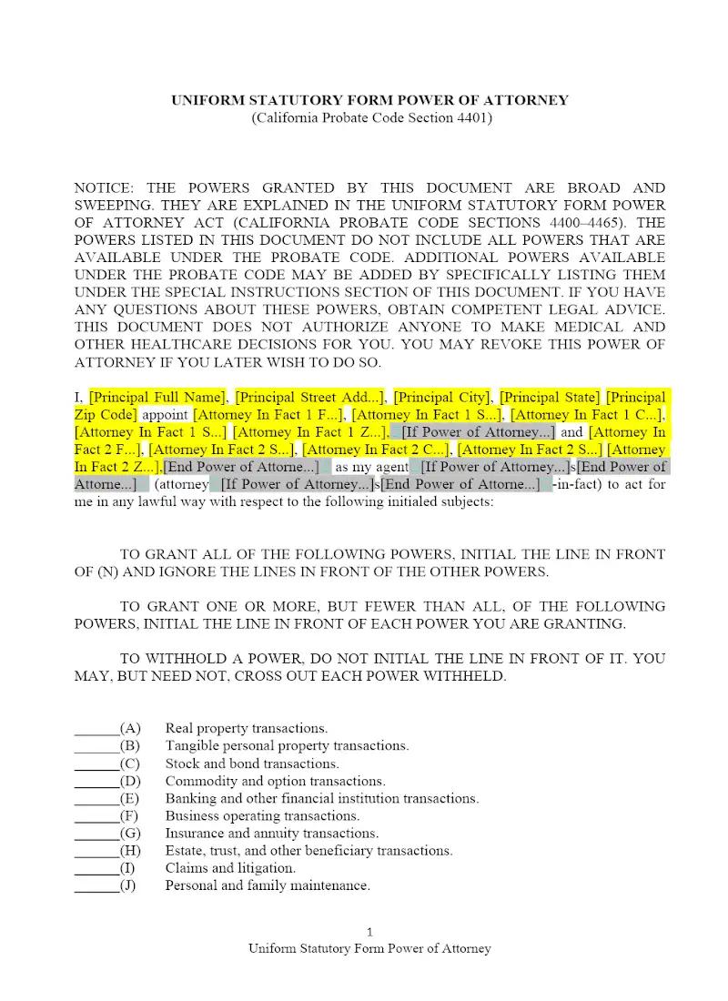 Uniform Statutory Form Power of Attorney