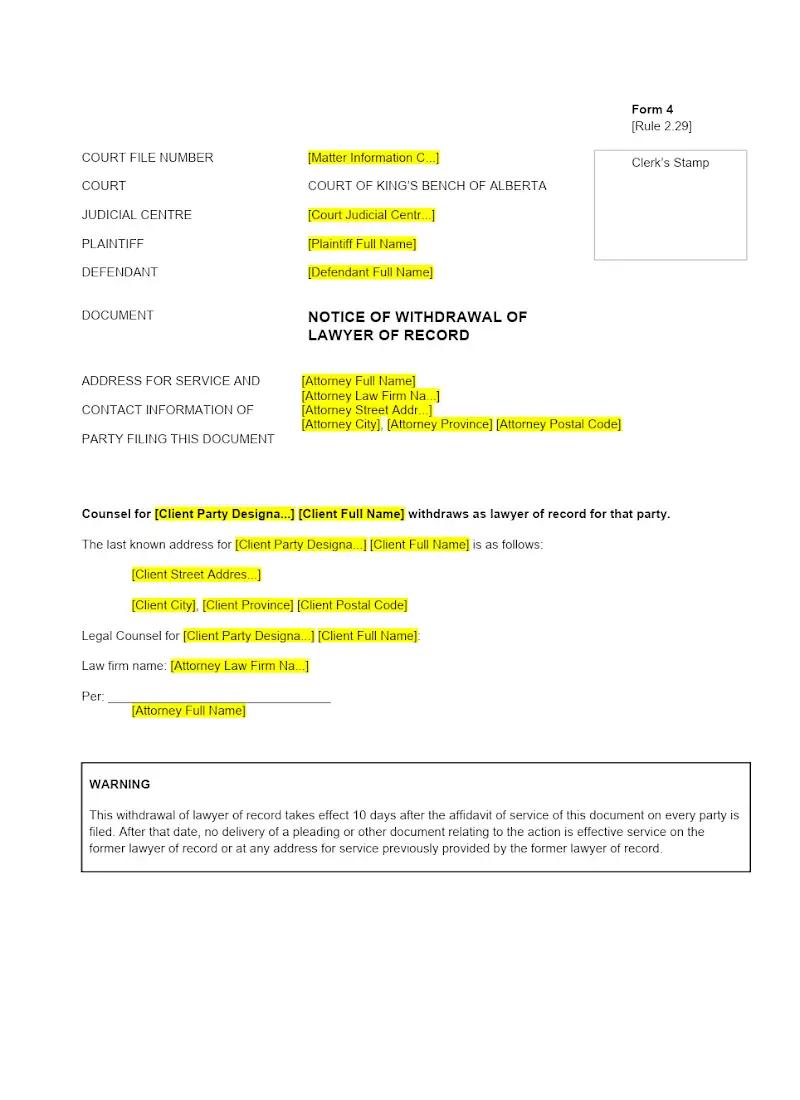 Notice of Withdrawal of Lawyer of Record (Form 4)