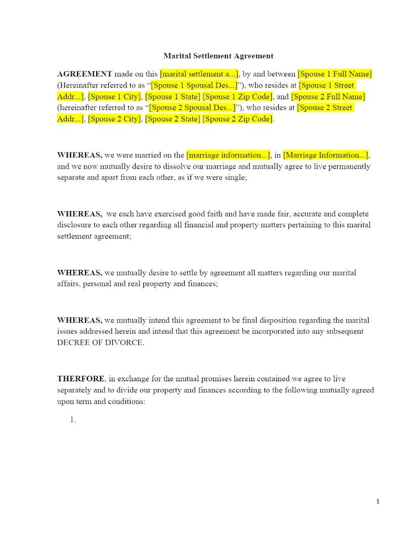 Marital Settlement Agreement