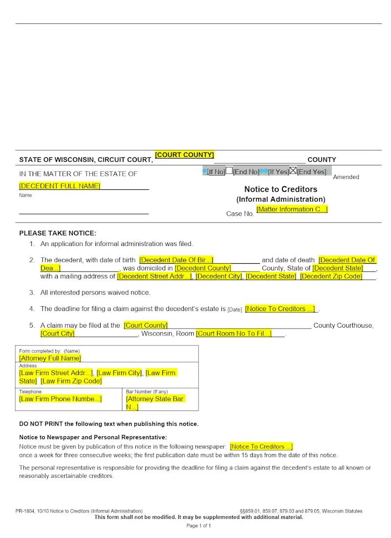 Notice to Creditors - Informal Administration (PR-1804)