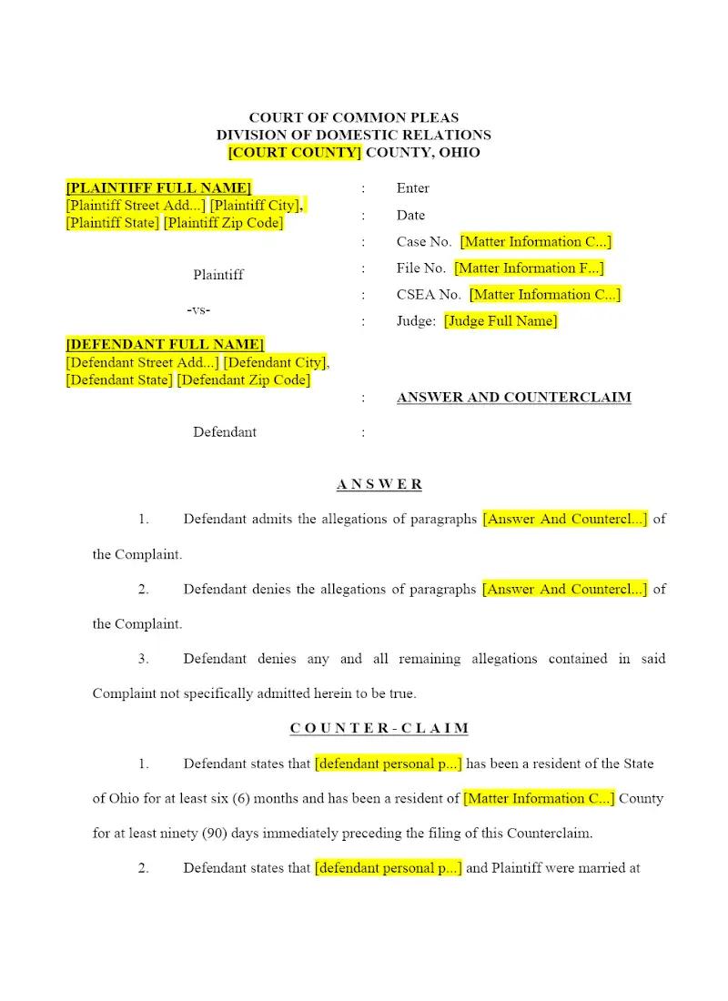 Answer and Counterclaim, No Children