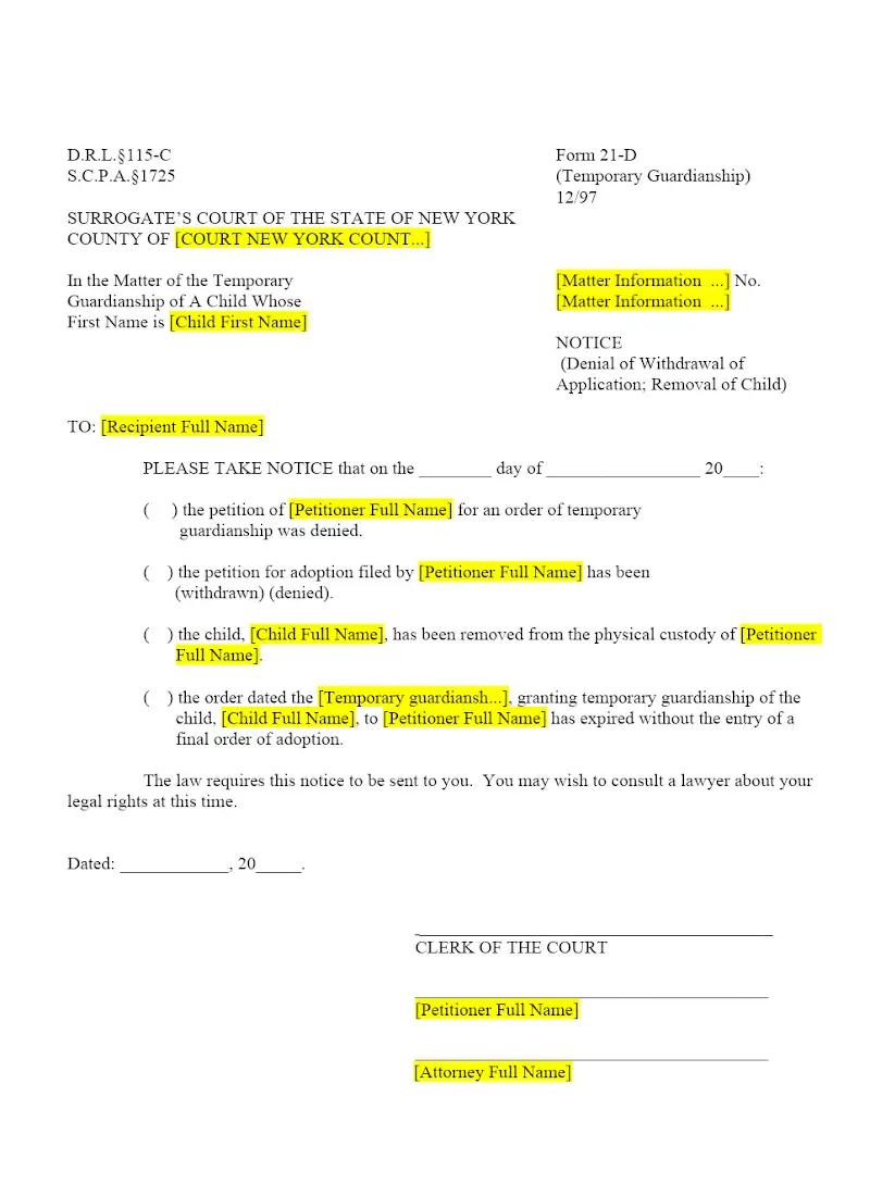 Notice (Denial or Withdrawal of Application) (Removal of Child) (21-D)