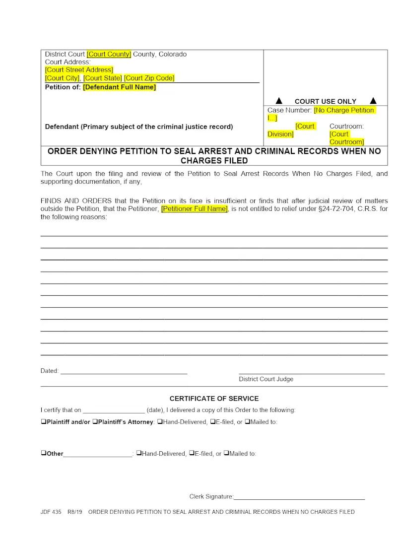 Order Denying Sealing Records (JDF 435)