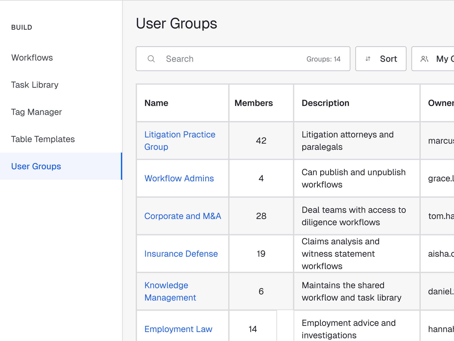 Vincent Studio User Groups table listing groups such as Litigation Practice Group with member counts and descriptions.