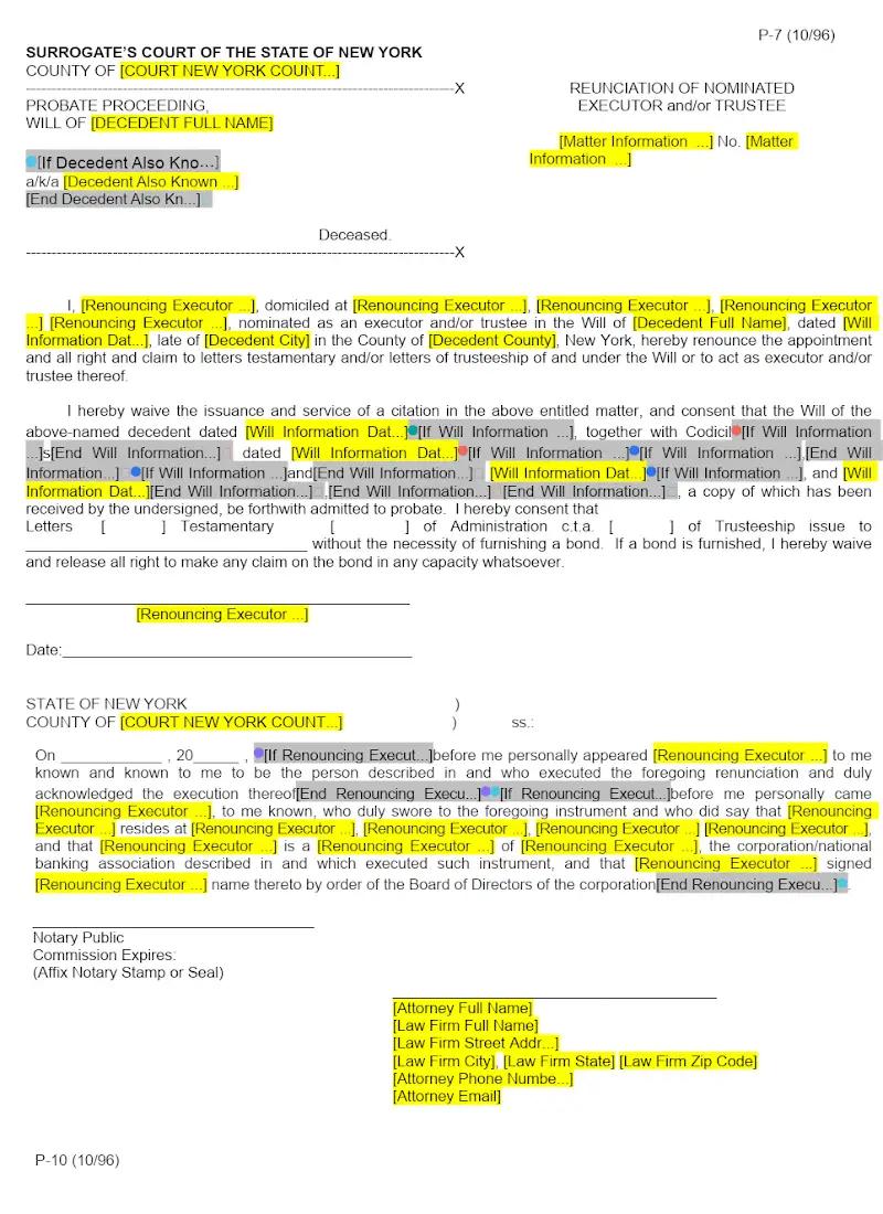 Renunciation of Nominated Executor and or Trustee (Form P-10)