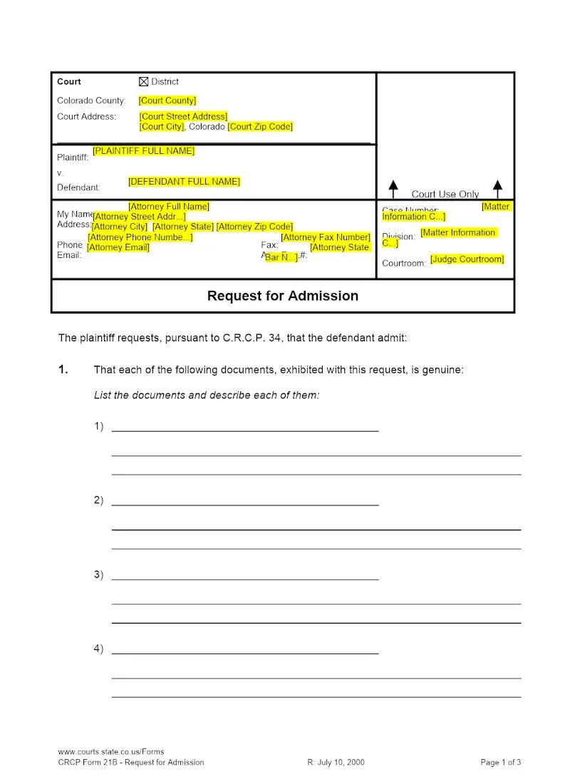Request for Admissions (CRCP Form 21B)