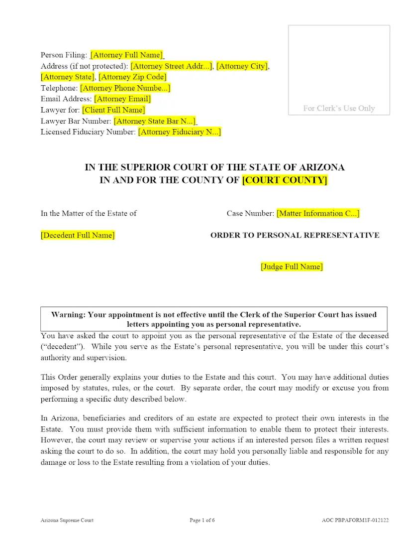 Order to Personal Representative (Form 1)