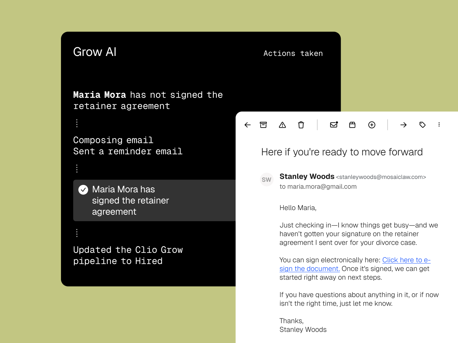 Grow AI automating client agreement signing, from reminder email to status update, shown next to an email prompting e-signature.