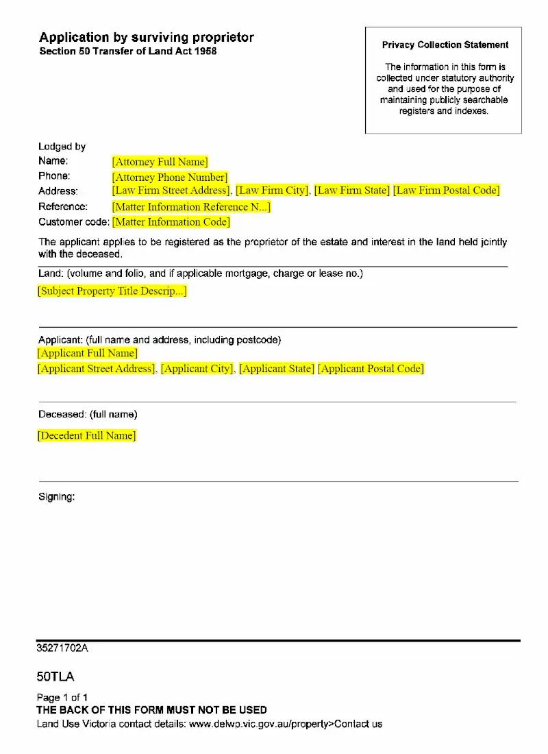 Application by Surviving Proprietor (50TLA)