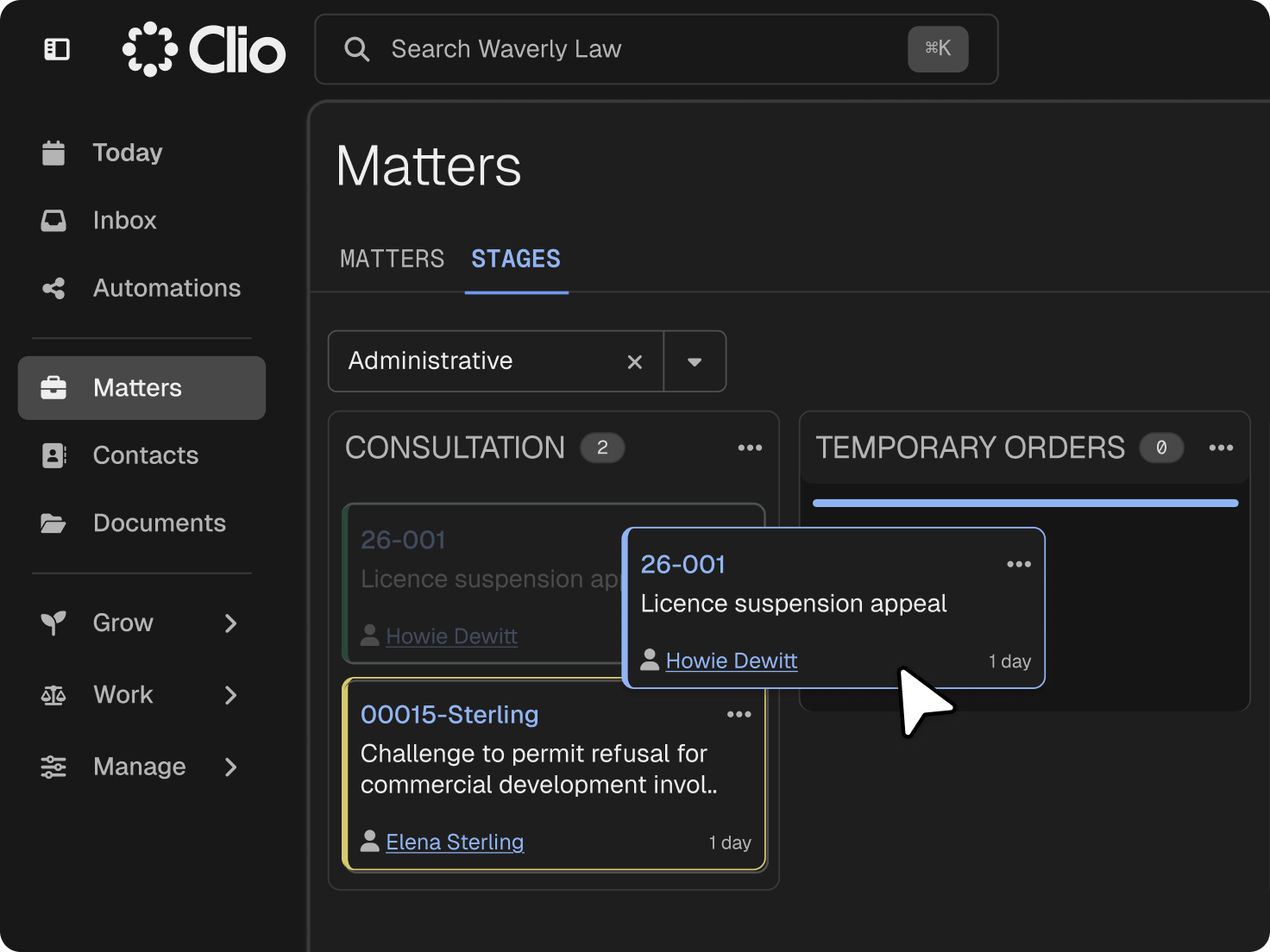 Dark mode Clio interface showing "Matters" stages. A cursor points to a highlighted "Licence suspension appeal" card in the "Consultation" column.