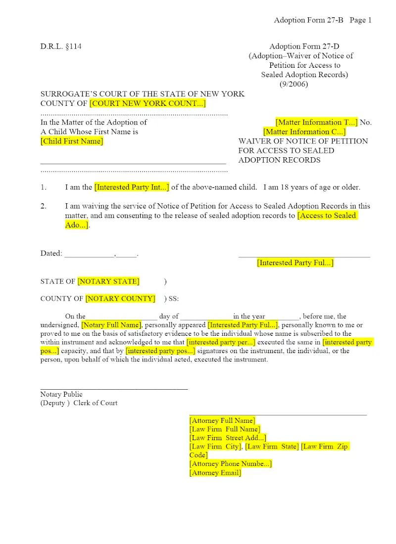 Waiver of Notice of Petition for Access to Sealed Adoption Records--Consent (27-D)