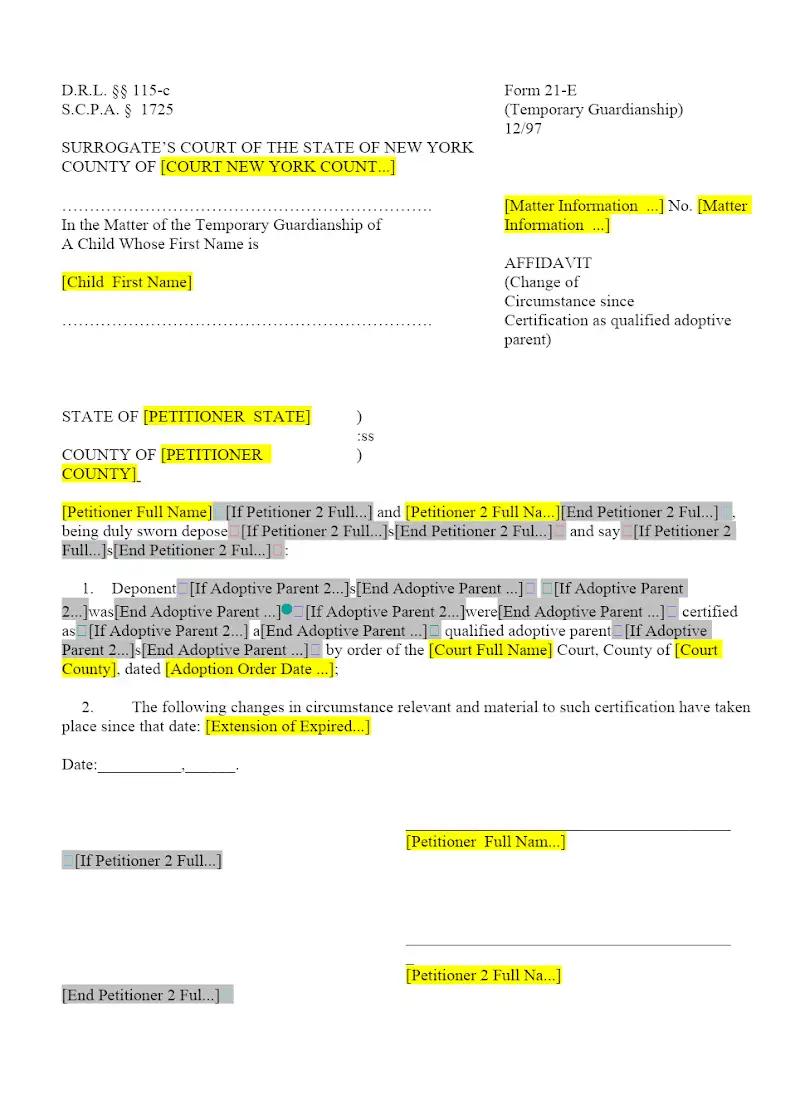 Affidavit (Change of circumstances since certification as qualified adoptive parent) (21-E)