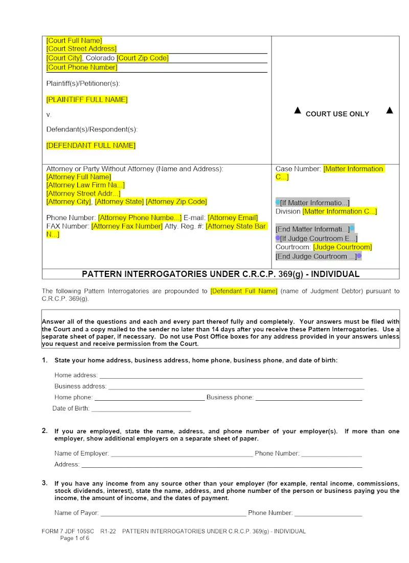 Pattern Interrogatories - Individual (Form 7 JDF 105SC)