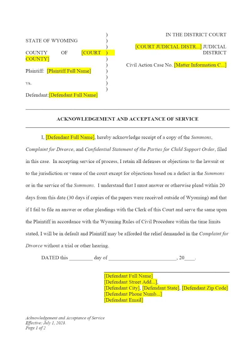 Acknowledgement and Acceptance of Service (Form DWCP10)