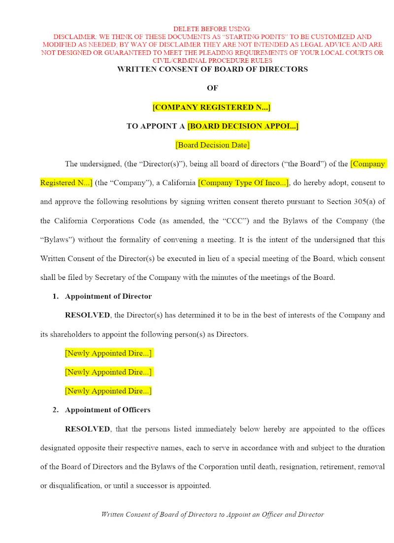 Written Consent of Board of Directors to Appoint an Officer and Director