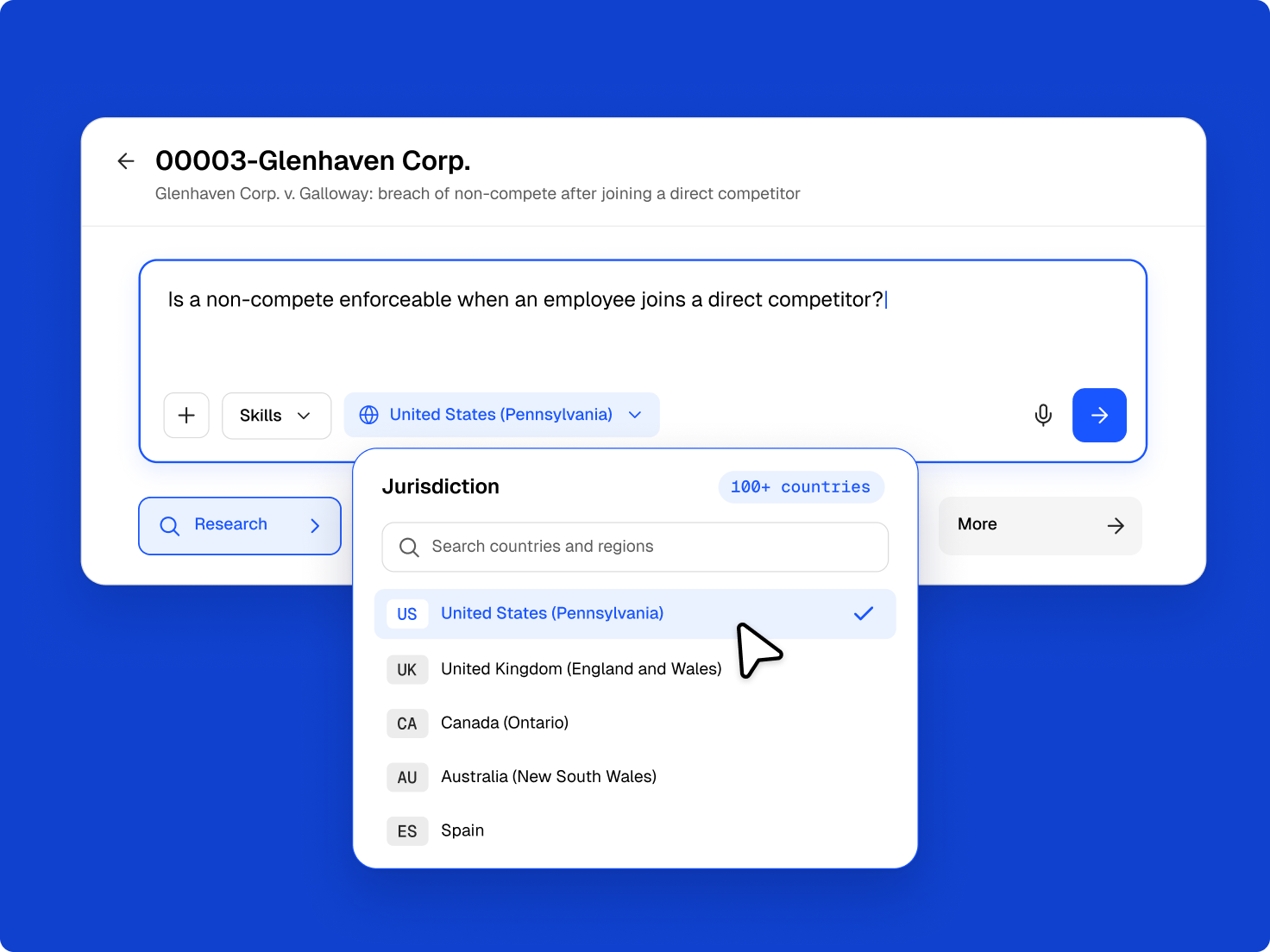 A legal research software interface showing a question about non-compete clauses, with a dropdown menu displaying "United States (Pennsylvania)" selected as the jurisdiction.