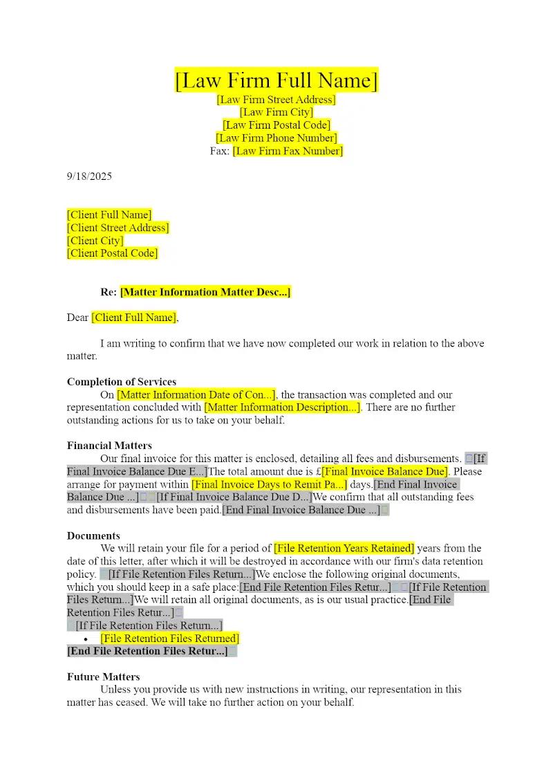 End of Engagement Letter