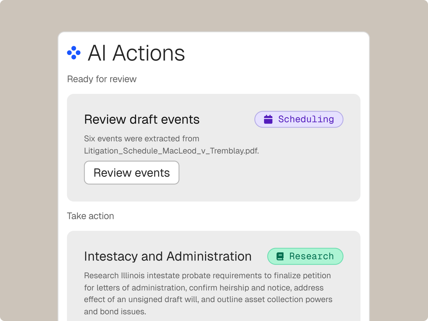 A digital card titled 'AI Actions' presenting options to review extracted events and conduct legal research.