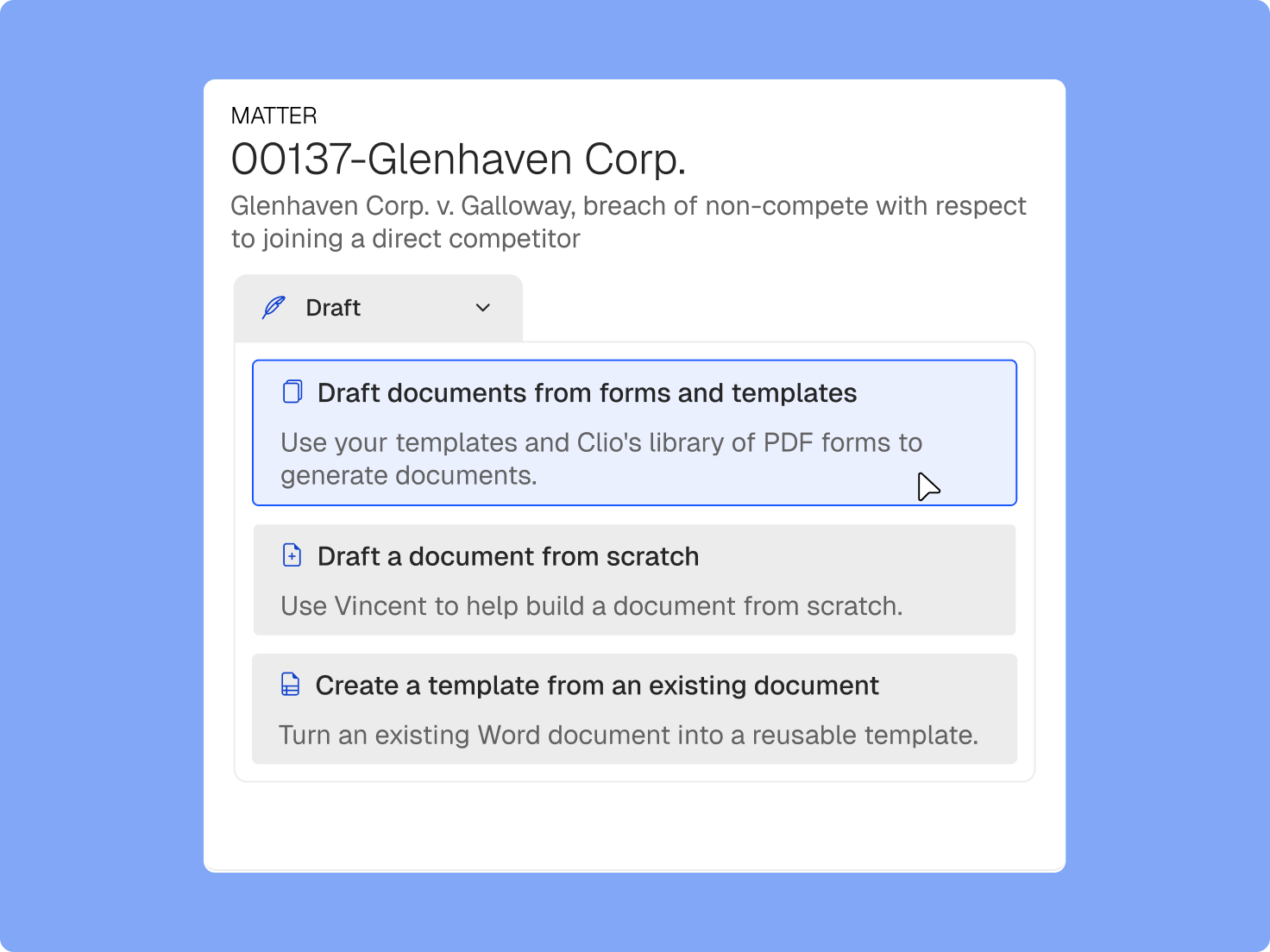 Clio drafting options for the 00137-Glenhaven Corp. matter, with "Draft documents from forms and templates" selected.