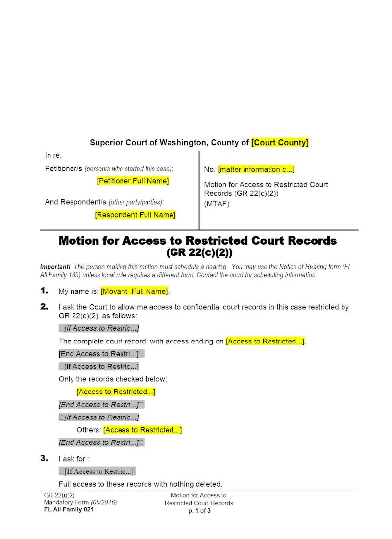 Motion for Access to Restricted Court Files (Form FAM 021)