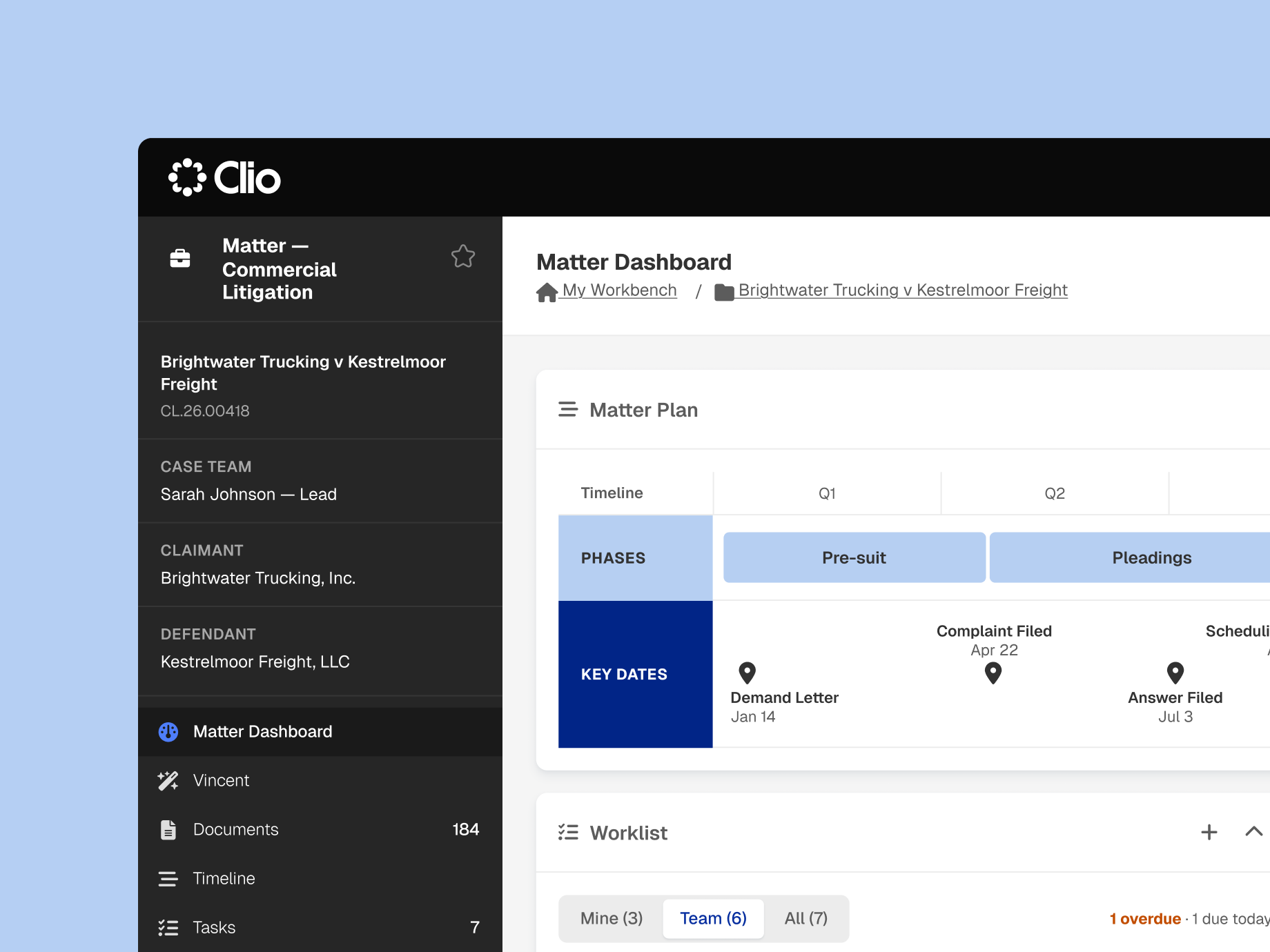 A Clio legal software dashboard displaying a matter plan and timeline for the "Brightwater Trucking v Kestrelmoor Freight" case.