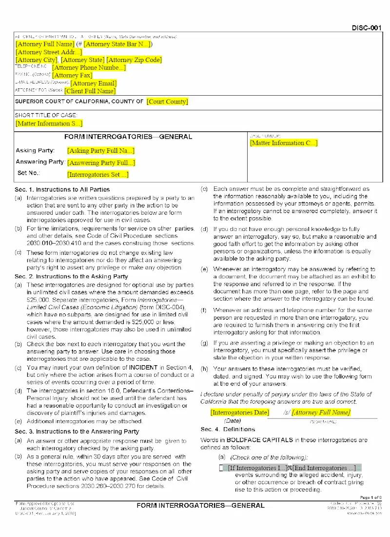 Form Interrogatories - General (DISC001)